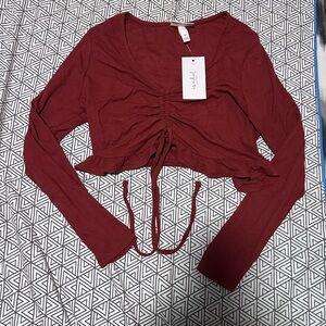 New Isabel Maternity Women's Burgundy V-Neck Long-Sleeve Cropped Shirt Size M